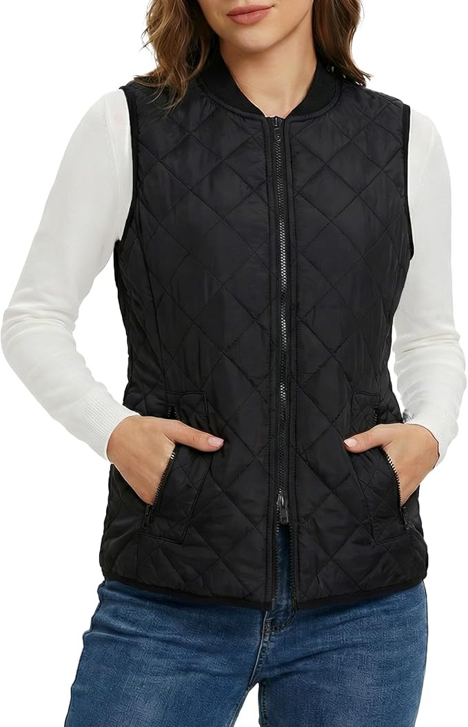 Fuinloth Women's Quilted Vest, Rib Collar Lightweight Zip Padded Gilet | Amazon (US)