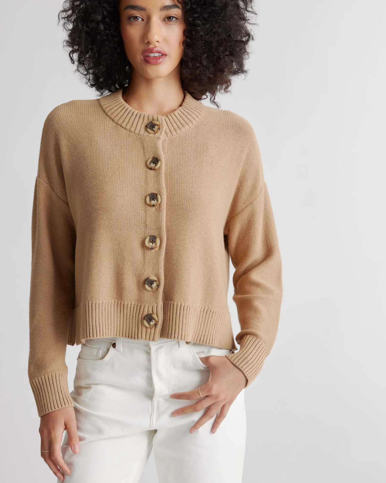 100% Organic Cotton Cropped Cardigan in Camel | Quince