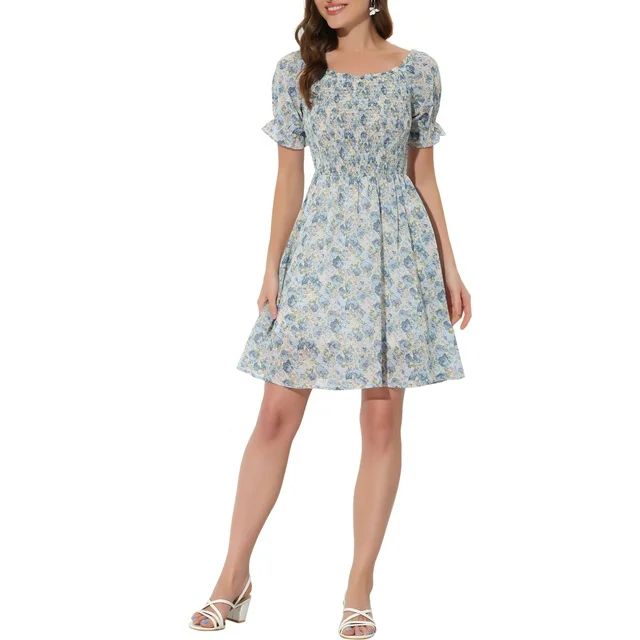 Allegra K Women's Floral Printed Off Shoulder Short Sleeve Smocked Above the Knee Dress | Walmart (US)