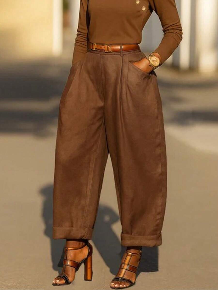 Women's Vintage Casual Solid Color Pleated Tapered Pants, Autumn/Winter | SHEIN