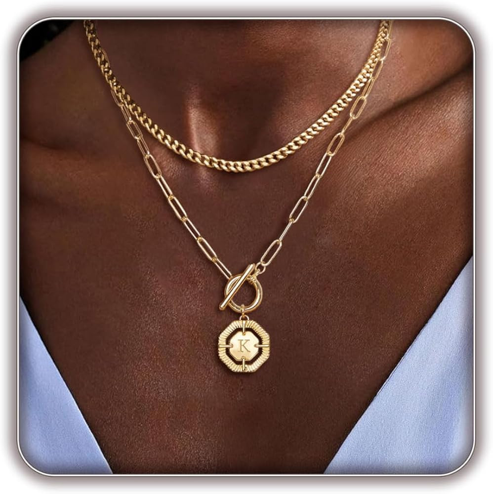 Layered Initial Necklaces for Women 14K Gold Plated Stackable Chunky Cuban Chain Choker Necklace ... | Amazon (US)