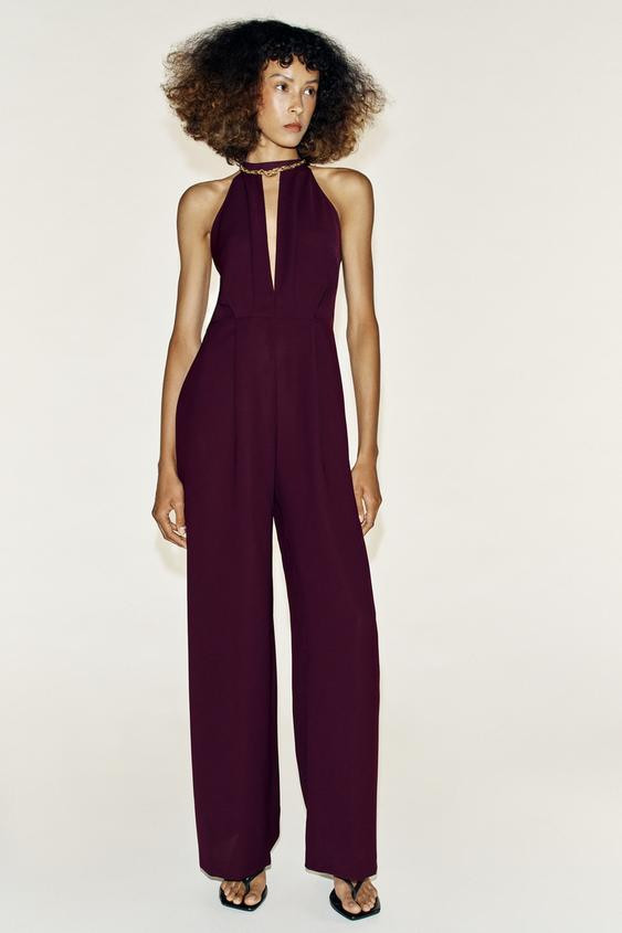 Zara - Jumpsuit With Necklace - Burgundy - S - Woman | Zara UK