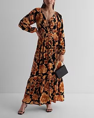 Floral V-Neck Long Sleeve Surplice Tiered Maxi Dress | Express