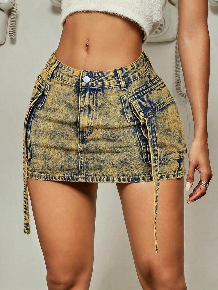 LocalY2K Vintage Camouflage Print Flap Pocket Drawstring Waist Denim Mini Skirt | SHEIN