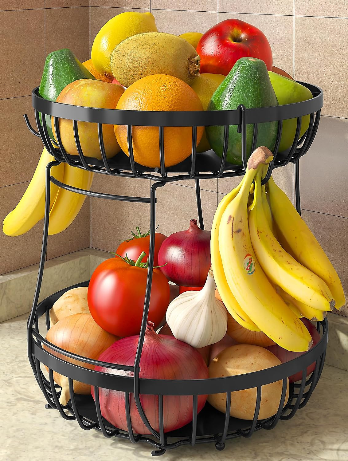 Sevenblue 2 Tier Large Fruit Basket for Kitchen Counter with 2 Banana Hangers, Metal Stackable Fruit Bowl for Kitchen Counter for Bread Vegetable Fruits, Black | Amazon (US)