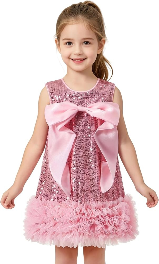 Tutu.kk Girls Bow Sequin Dress Sleeveless A-Line Sparkly Formal Dresses | Amazon (US)