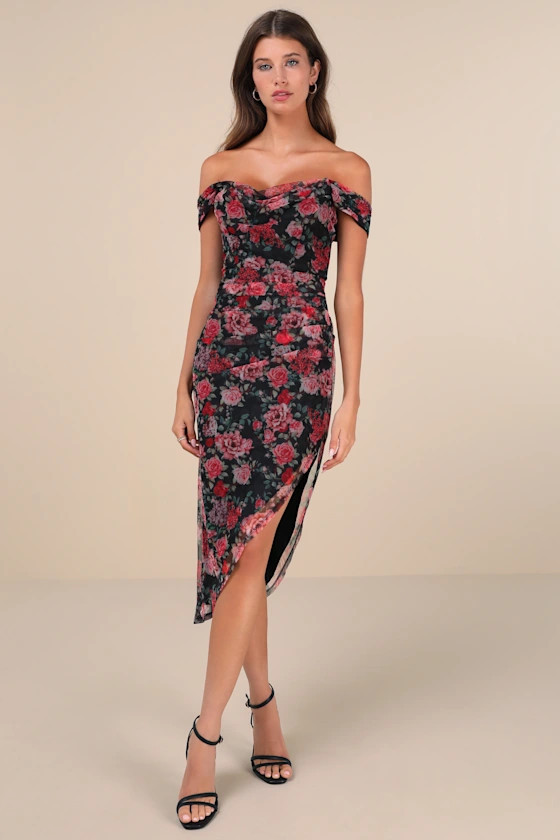 Idyllic Beauty Black Floral Off-The-Shoulder Midi Dress | Lulus