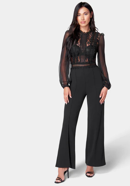 Lace Top Straight Leg Jumpsuit | Bebe