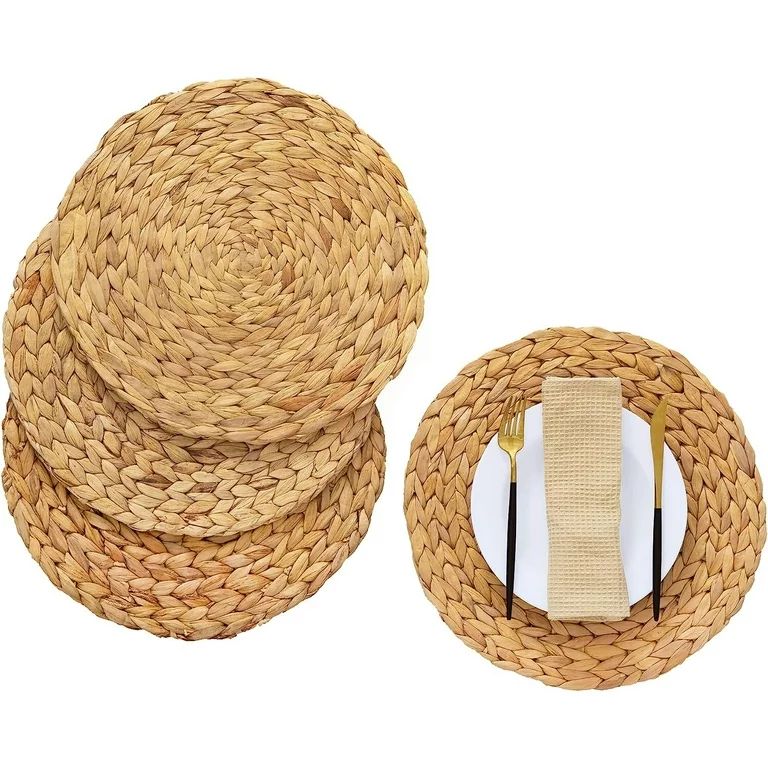Boho Round Woven Placemats - Set of 4, Natural Wicker Placemats, Water Hyacinth Straw Braided Pla... | Walmart (US)