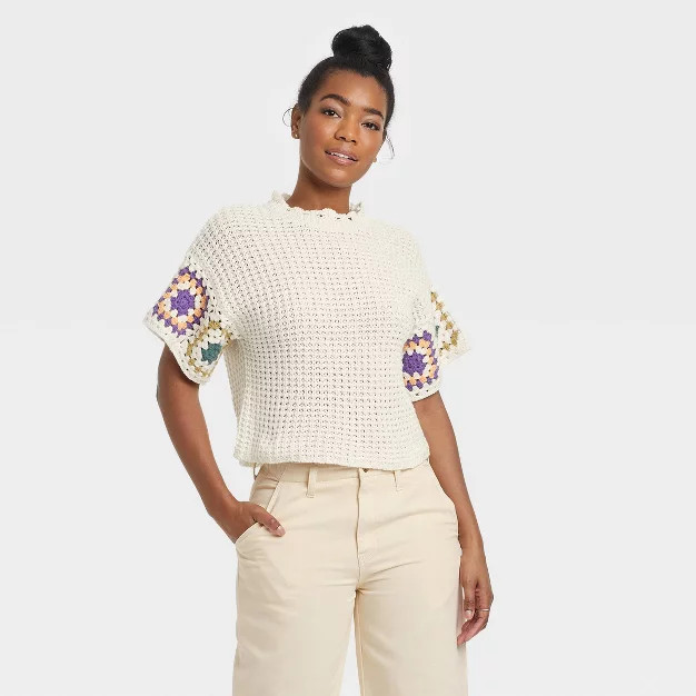 Women's Short Sleeve Crewneck Crochet Pullover Sweater - Universal Thread™ | Target