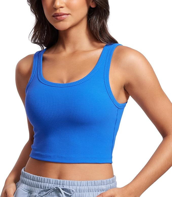 CRZ YOGA Ribbed Scoop Neck Crop Tank Tops for Women - Padded Longline Sports Bras Yoga Workout Ca... | Amazon (US)
