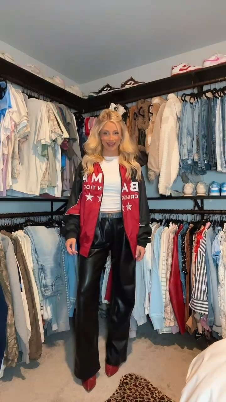 Get dressed with me for the SEC basketball tournament! ❤️✨🏀 Vintage bomber jacket, leather pants, red booties, baby tee & a red lip! 

 #LTKgrwm #LTKootd #LTKBeauty