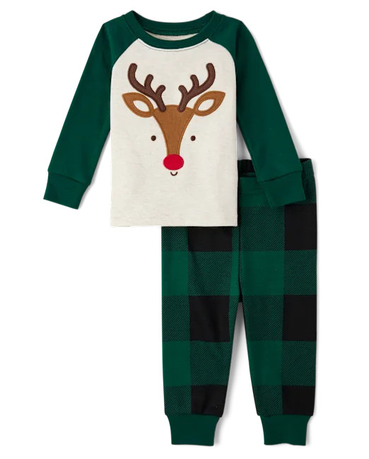 Baby And Toddler Reindeer Face Snug Fit Cotton Pajamas - green | The Children's Place