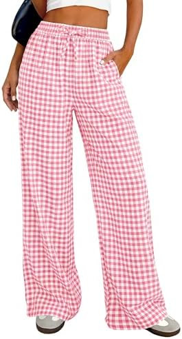 Women's Wide Leg Gingham Lounge Pants Summer 2026 Casual Plaid Trousers Spring Y2K Clothes Comfy ... | Amazon (US)