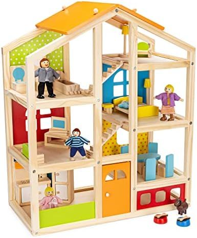 Pidoko Kids Skylar Dollhouse with 20 Pcs Furniture, 5 Dolls and a Pet Dog | Amazon (US)