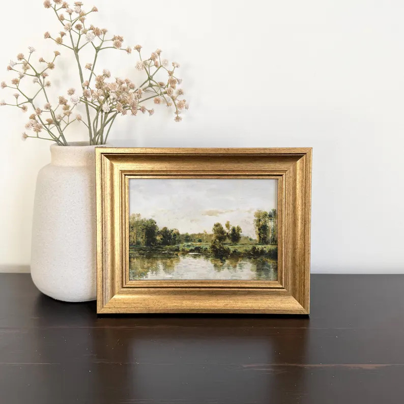 Small Framed Landscape Pond Painting, Gold Framed Print, Earth Tone Art | Etsy (Global)