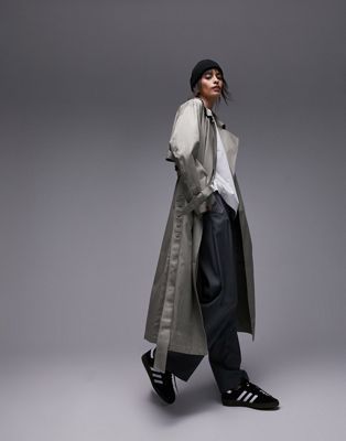Topshop long-line popper trench coat in khaki | ASOS (Global)