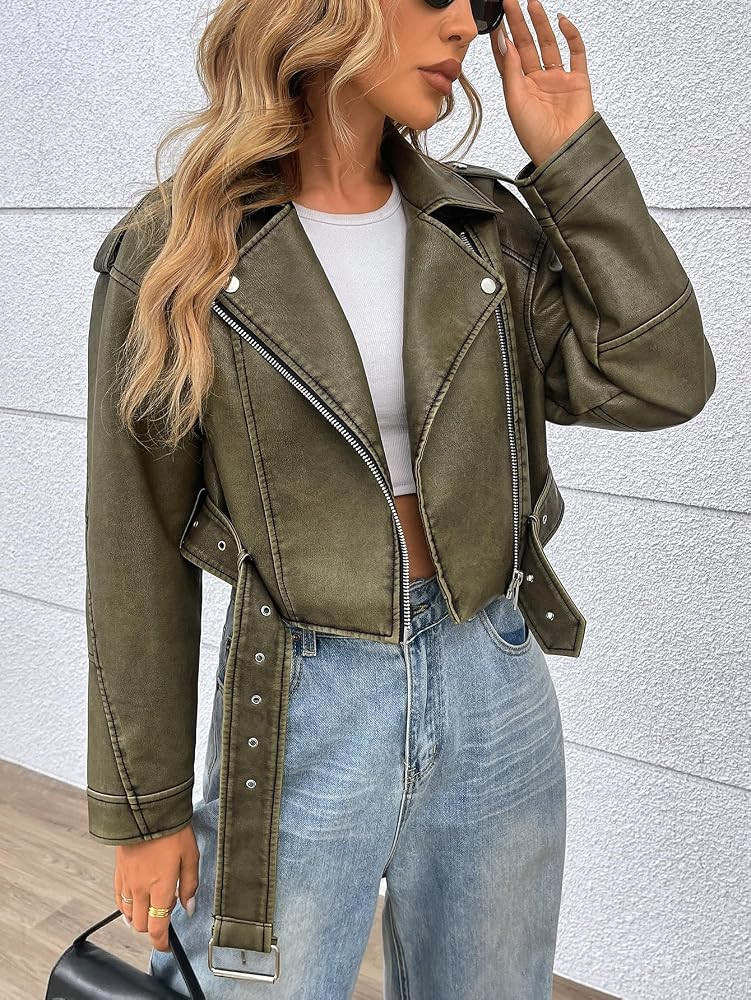 LY VAREY LIN Women Faux Leather Cropped Jacket Vegan Motor Biker Coat with Belt | Amazon (US)