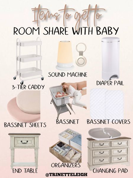 Items to room share with newborn baby. 3-tiers caddy for baby items and postpartum. Sound machine. Diaper pail. Bassinet and covers and fitted sheets. End table and dresser. Dresser organizers. Silicone changing pad. Baby registry must haves.

#LTKBaby #LTKBump #LTKHome