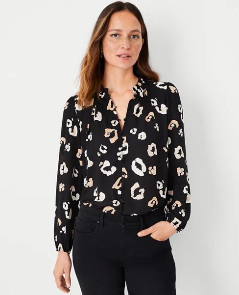 Animal Print Mixed Media Button Front Top | Ann Taylor (US)