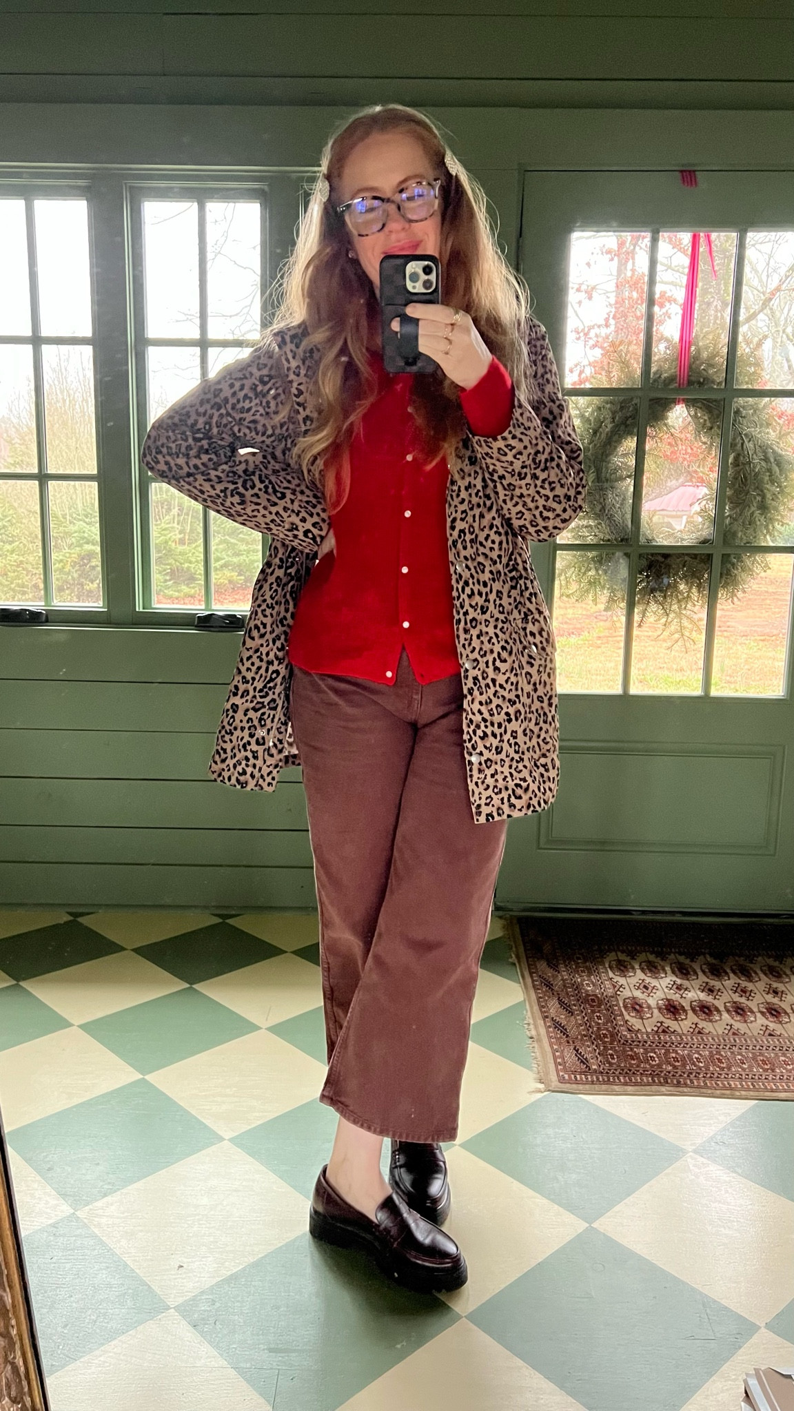 Red cardigan leopard jacket oos added similar cropped pant brown loafer

#LTKOver40 #LTKSeasonal #LTKStyleTip