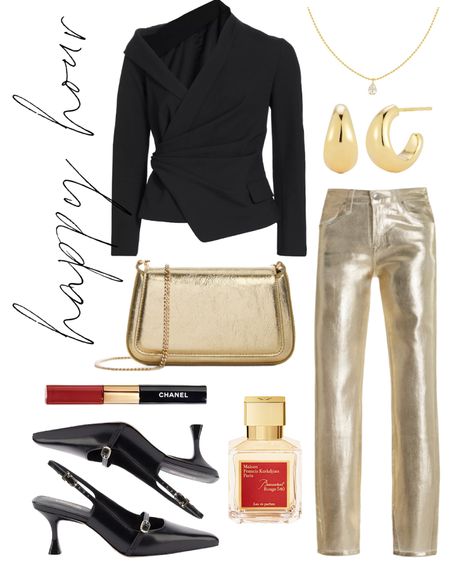 Midweek Style Mix | Happy Hour — Pops of metallic and red for a holiday month happy hour. I love this off-the-shoulder ALC top (linked the covers I’d wear underneath and similar options for less). Jewelry is 25% off with code NATALIE25

#happyhouroutfit #wintergoingout #goldpants #metallicpants #holidaystyle #redlipstick #perfume 