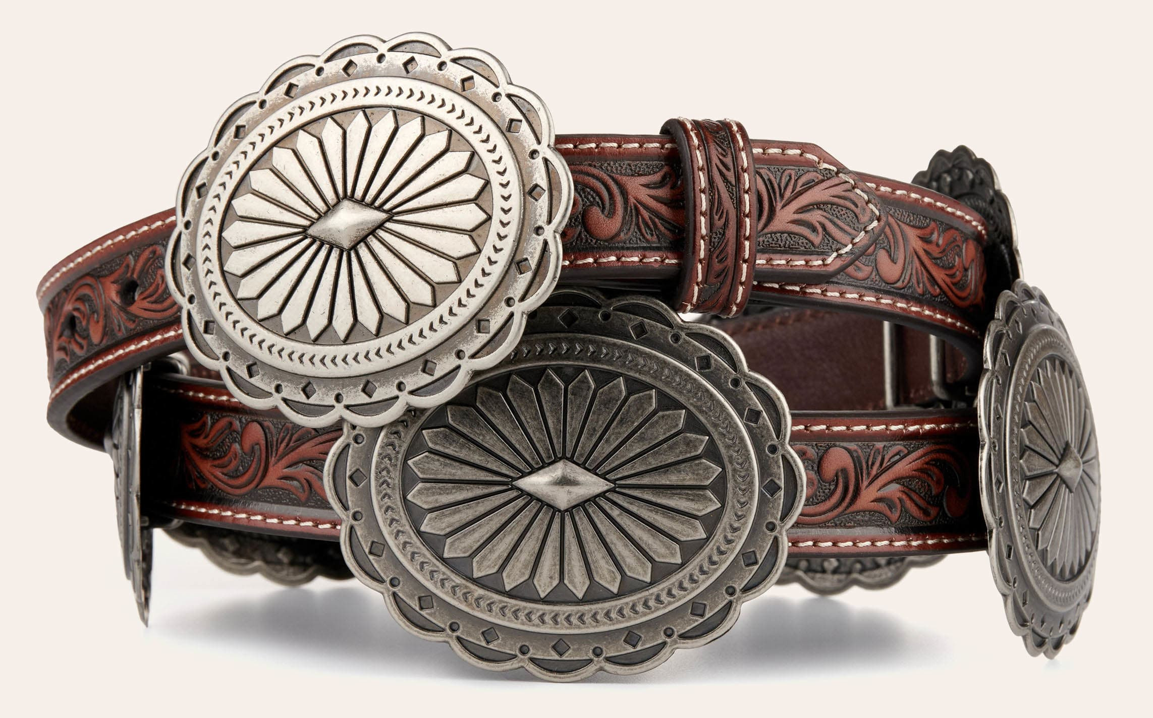 Ariat Women's Brown Tooled with Silver Oval Floral Conchos Belt - M - From Cavender's | Cavender's