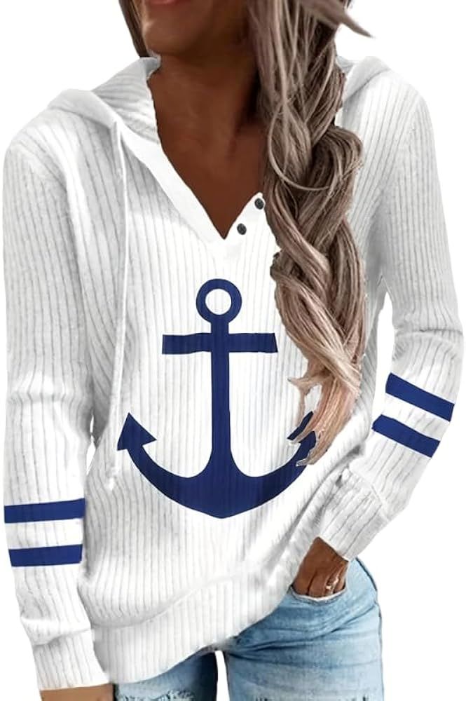 Women's Tops Anchor Print Button Hoodie Casual Long Sleeve Drawstring Hoodies Sweatshirt | Amazon (US)