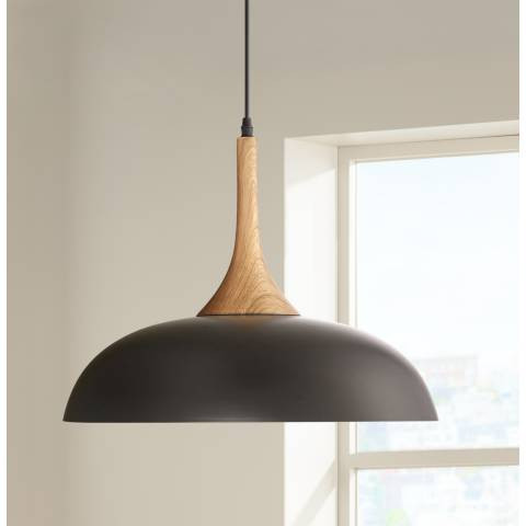 Possini Euro Felton 17 3/4" Black and Wood Finish Modern Dome Pendant | Lamps Plus