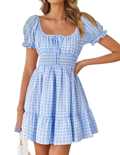 ZESICA Women's 2025 Summer Boho Plaid Mini Dress Square Neck Puff Short Sleeve Ruffle A Line Swing Short Dresses, Sky, S | Amazon (US)