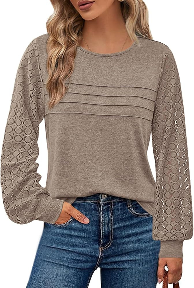 BTFBM Women's Long Sleeve Shirts Dressy Lace Fall Tops 2025 Trendy Business Casual T-Shirts Cute ... | Amazon (US)