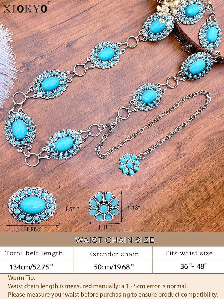 Turquoise Belt Silver Western Chain Belt Cowgirl Concho Belts for Women | Amazon (US)