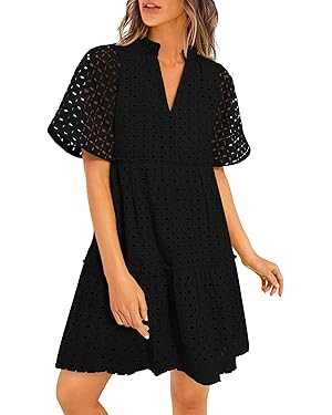PRETTYGARDEN Women's Short Sleeve Mini Dress 2025 Summer V Neck Hollow Out Eyelet Ruffle A Line S... | Amazon (US)