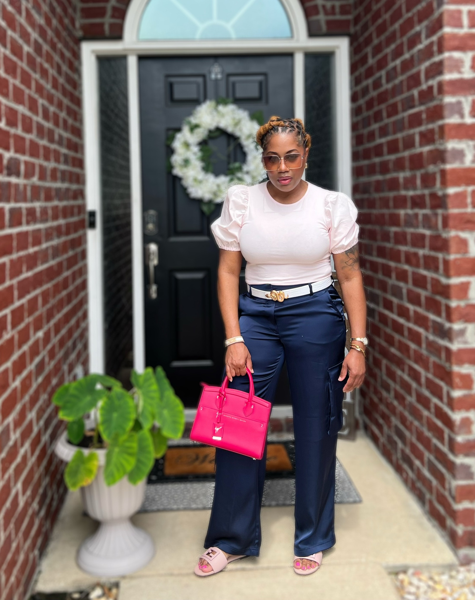 Spring date night comfortable outfit! 
Top Size Medium 
Pants: Size 8 
Shoe: 8
