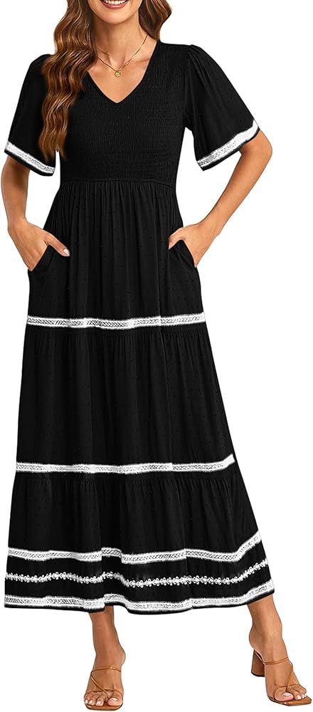 PRETTYGARDEN Womens Casual Summer Maxi Dress Short Sleeve Swiss Dot V Neck Smocked Long Flowy Bea... | Amazon (US)