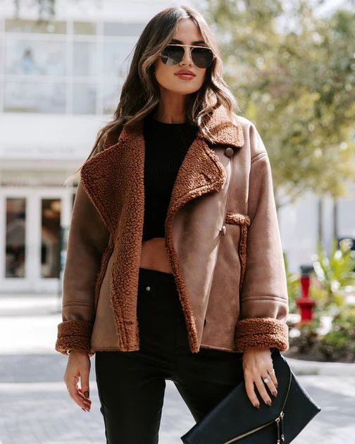 Karen Pocketed Faux Suede Sherpa Trim Jacket - Chocolate | VICI Collection