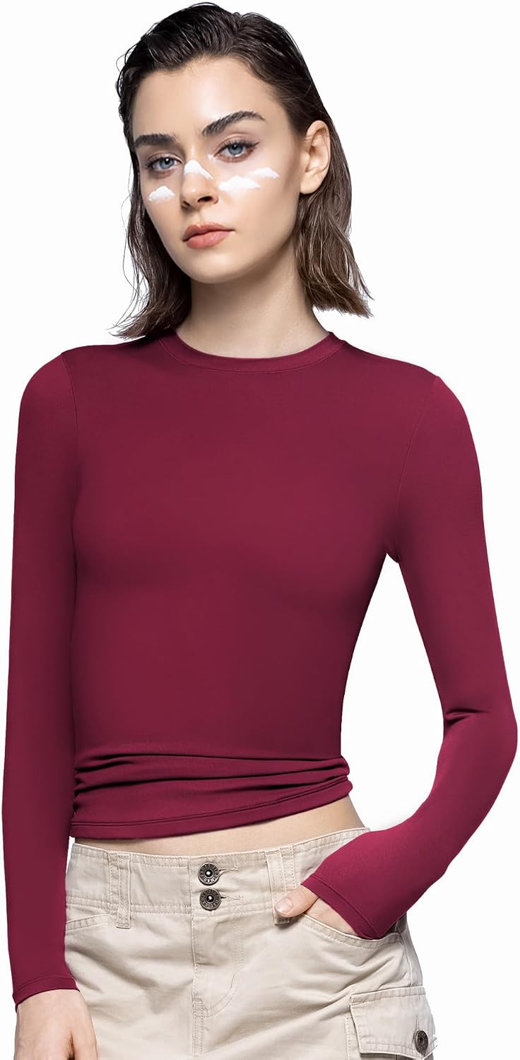 PUMIEY Women's Long Sleeve T Shirts Crew Neck Slim Fit Tops Sexy Basic Tee Smoke Cloud Pro Collection | Amazon (US)