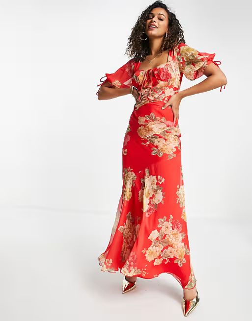 ASOS DESIGN Maxi tea dress with bias cut panels and tie details in red floral | ASOS (Global)