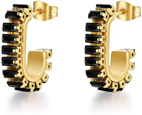 Green Crystal huggie gold hoop earrings for women Girls,14K Gold Plated with 925 Sterling Silver ... | Amazon (US)