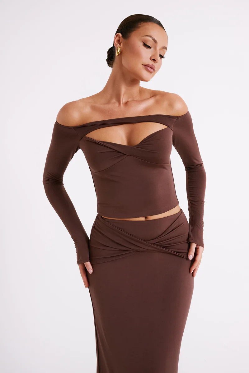 Ceri Off Shoulder Long Sleeve Top - Mocha | MESHKI US