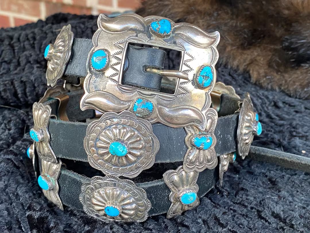 Stunning signed vintage SW Morenci Turquoise Sterling Concho Leather Belt | Etsy (US)