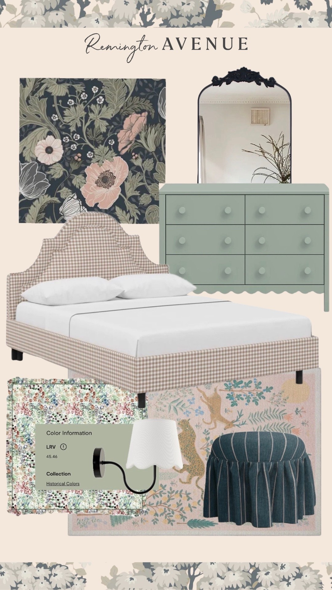 Girls bedroom makeover. Scalloped bedroom dresser, floral wallpaper, colorful rug, accent upholstered ottoman, vintage mirror, upholstered scalloped bed, scalloped wall sconces. @wayfair #Ad #WayfairPartner #Wayfair #WayDay

#LTKHome #LTKBeauty #LTKKids