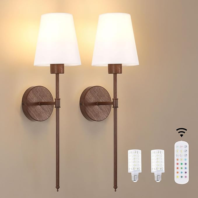 Battery Operated Wall Sconces Set of 2, Walnut Color Wall Lamp 6000 mAh Rechargeable Bulb with 12... | Amazon (US)