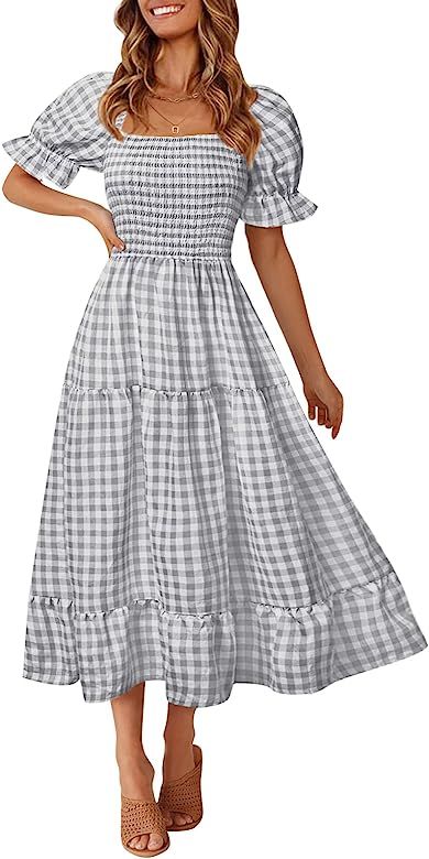 MEROKEETY Women's Plaid Square Neck Ruffle Puff Sleeve Midi Dress Summer Boho Backless Smocked Dress | Amazon (US)