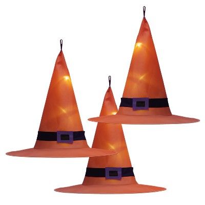 Lakeside Lighted Hanging Halloween Witch Hats for Outdoors - Orange - Set of 3 | Target
