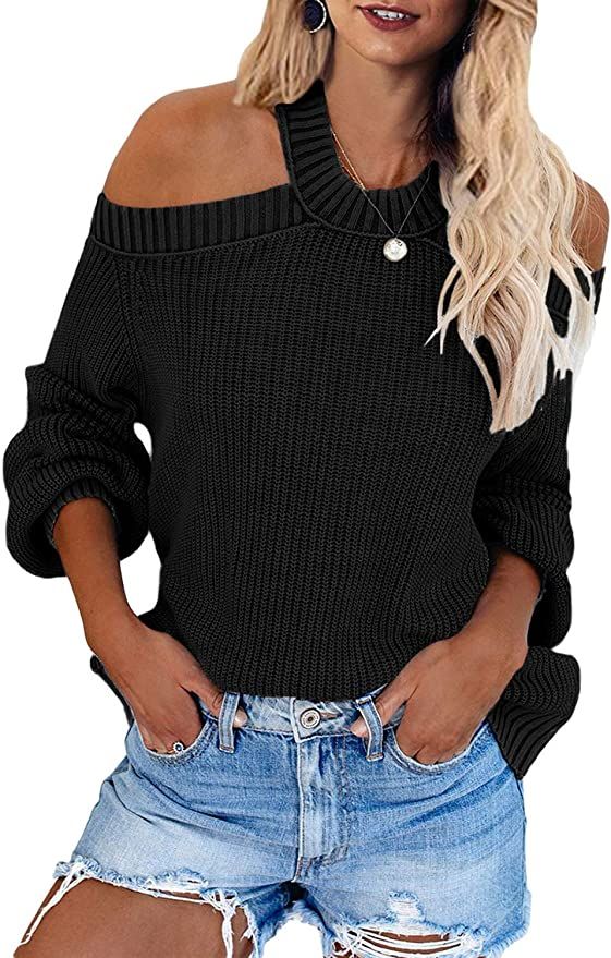 HOTAPEI Womens Long Sleeve Cold Shoulder Halter Neck Hand Knit Light Sweater Tops Sexy Pullover B... | Amazon (US)
