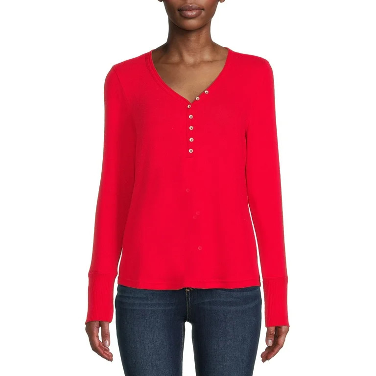Time and Tru Women's Cozy Henley T-Shirt with Long Sleeves | Walmart (US)