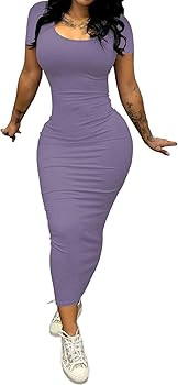 PINSV Women's Casual Bodycon Maxi Dress Summer Scoop Neck Short Sleeve Long Fitted Dresses Club P... | Amazon (US)