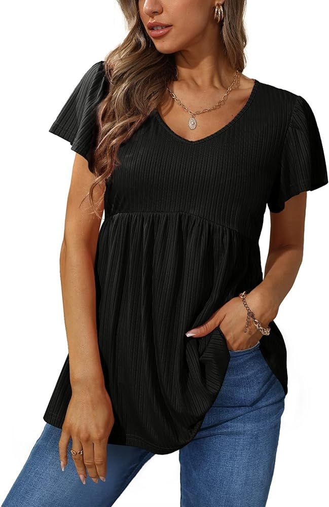 Glanzition Women Ruffle Short Sleeve V Neck Oversized Shirt Tunic Babydoll Tops | Amazon (US)