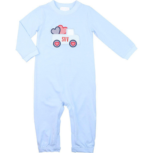 Blue Knit Applique Valentine Truck Long Romper | Cecil and Lou